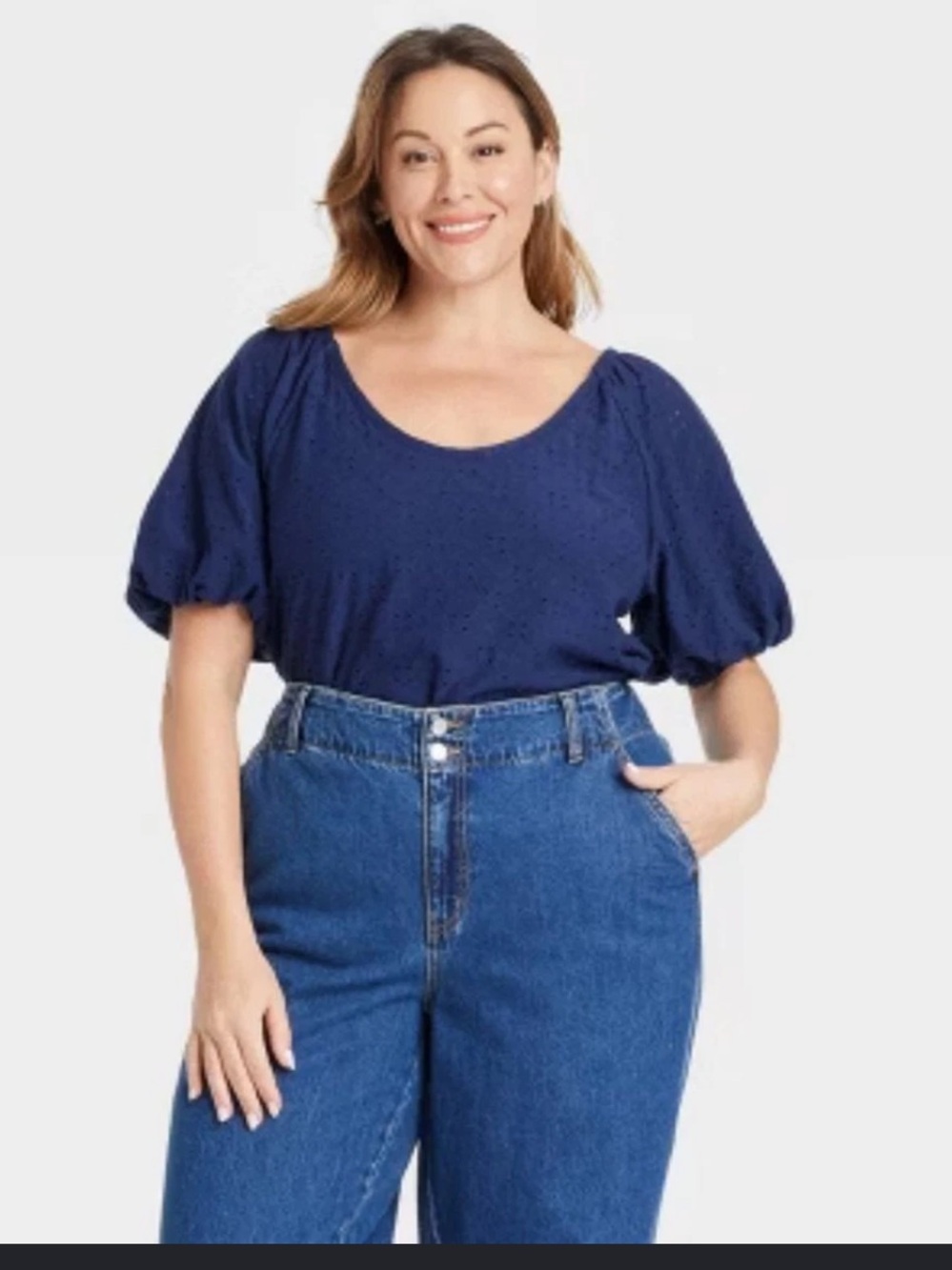 Ava & Viv Eyelet Navy Blue Puff Sleeve Scoop Neck Blouse Plus Size Cotton